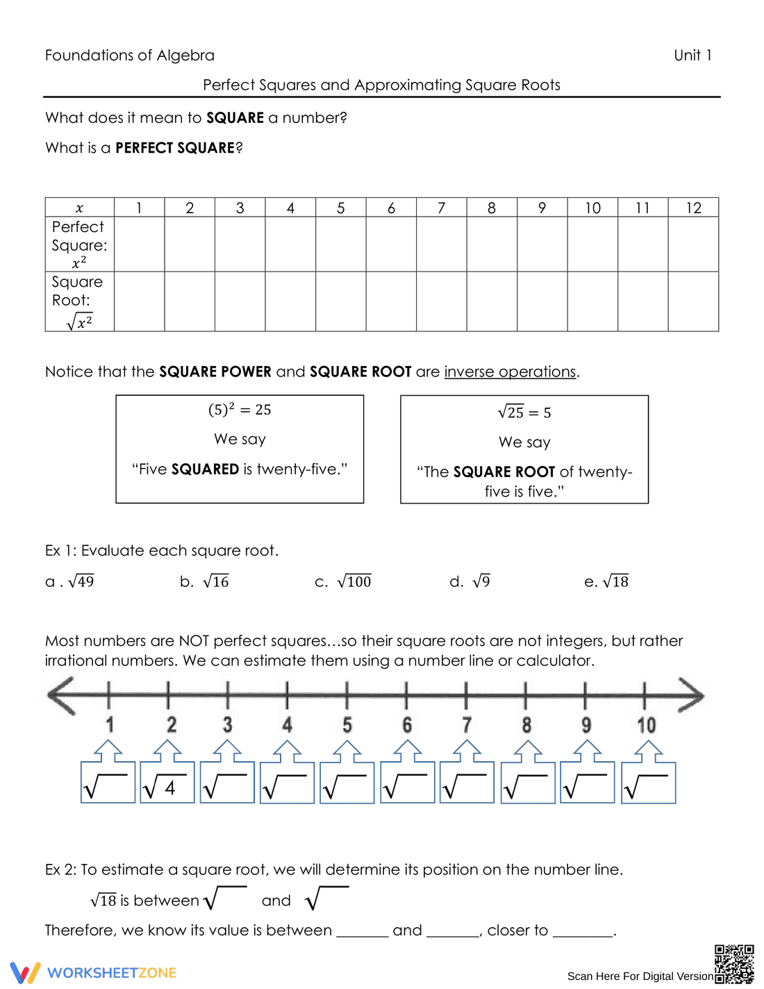 Perfect Squares and Approximating Square Roots Worksheet - Page 1