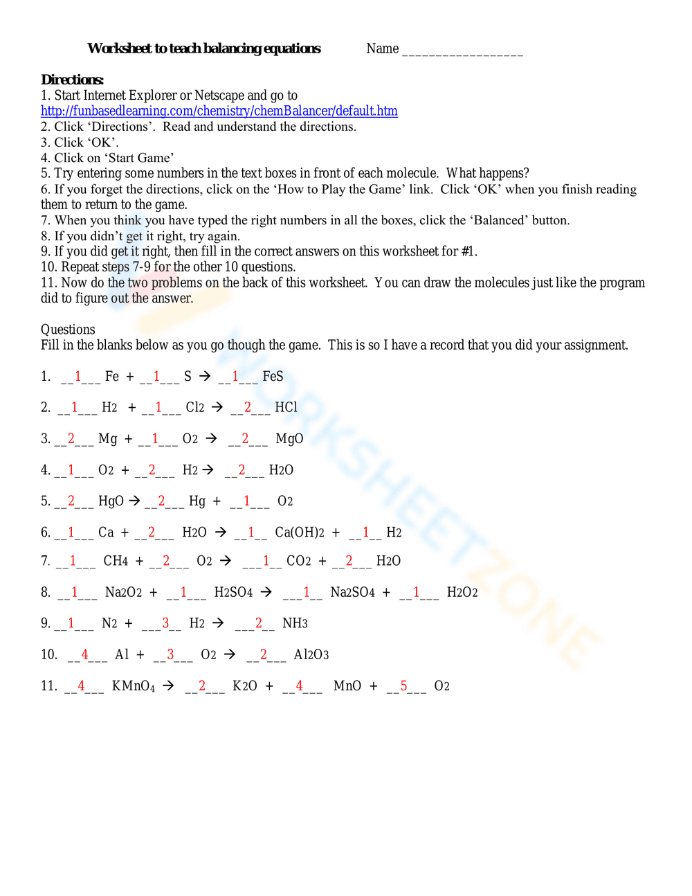 Balancing Equations: Chemistry Worksheet - Page 1
