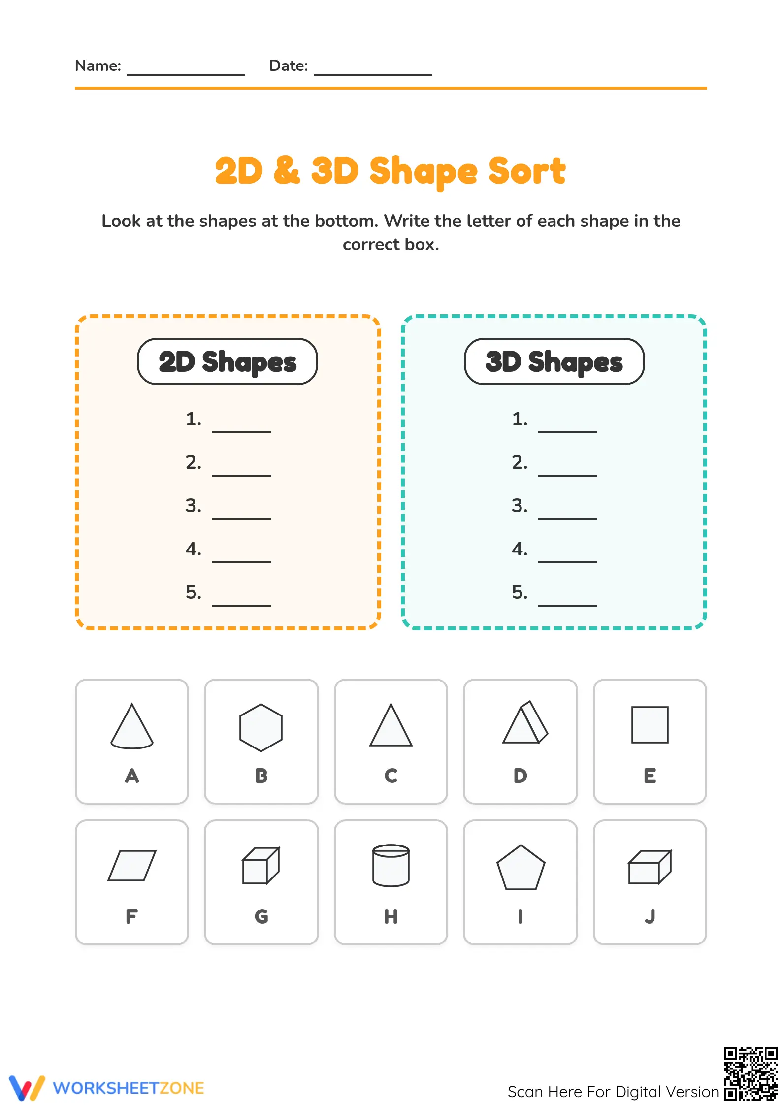 2D and 3D Shape Sort | Grade 2 Math Printable - Page 1