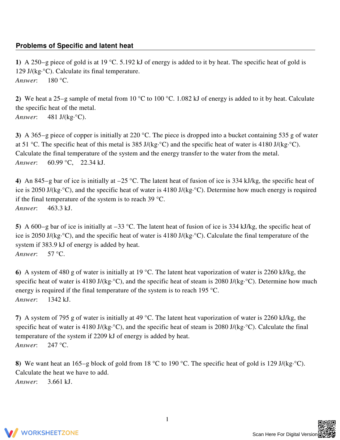 Latent and Specific Heat Problems Worksheet - Page 1