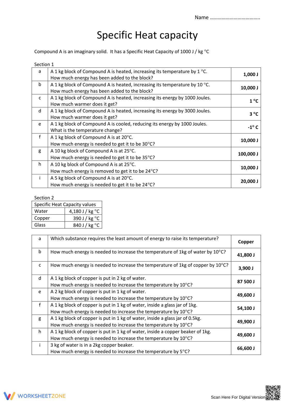 Specific Heat Capacity Practice Worksheet - Page 1