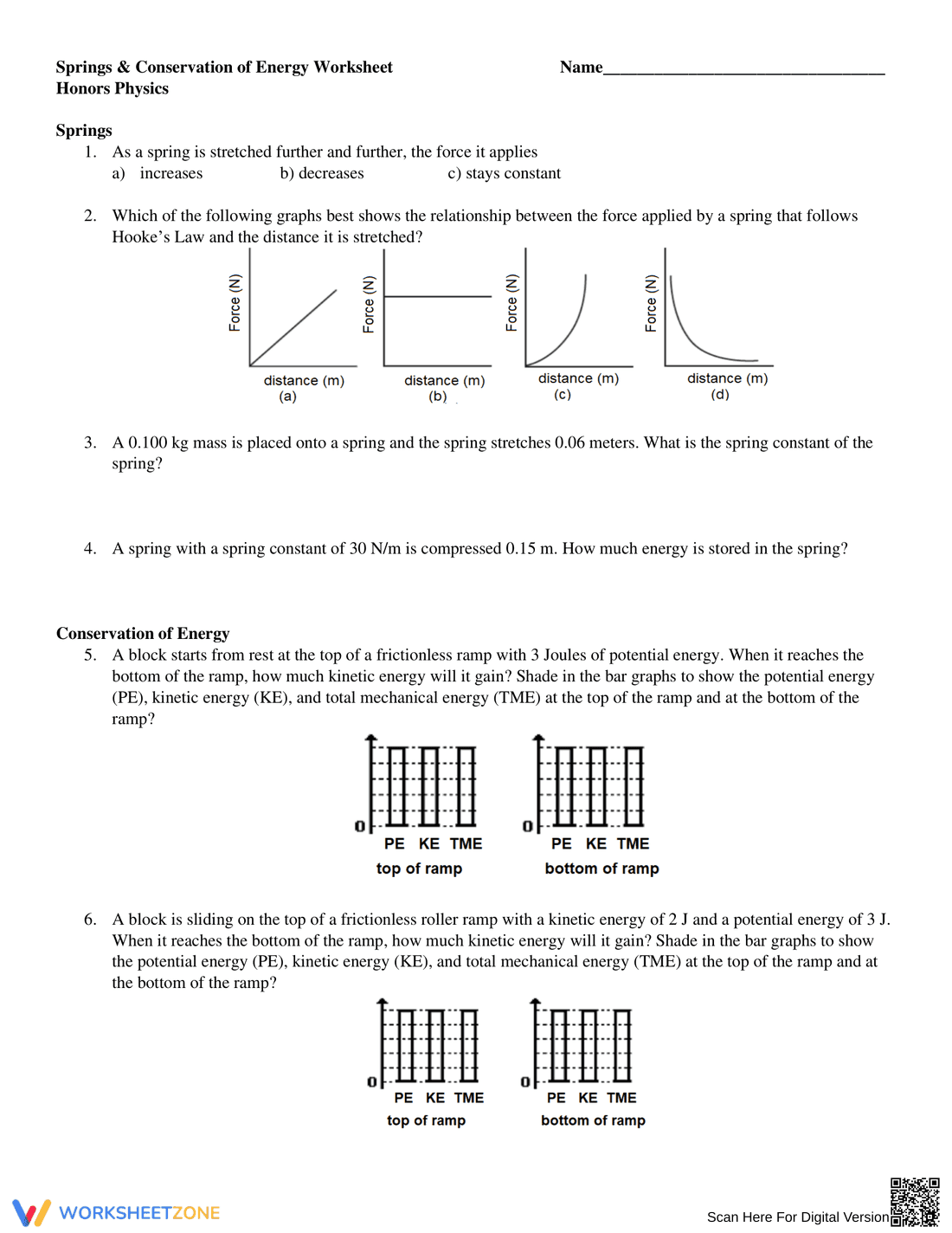 Springs Conservation of Energy Worksheet - Page 1