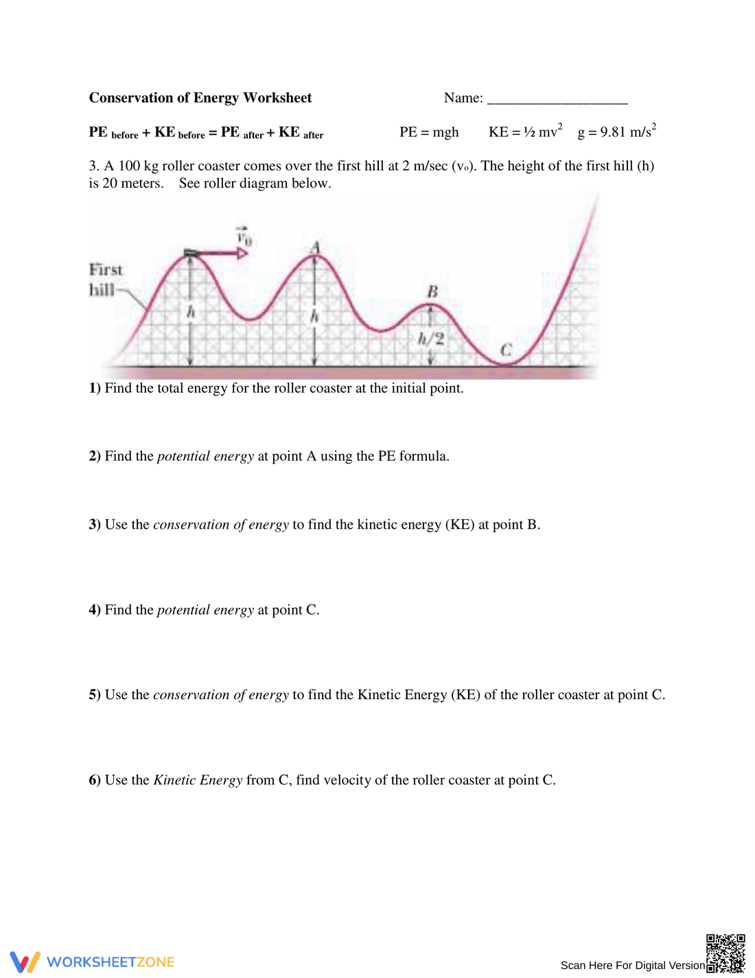 Conservation of Energy Worksheet - Page 1