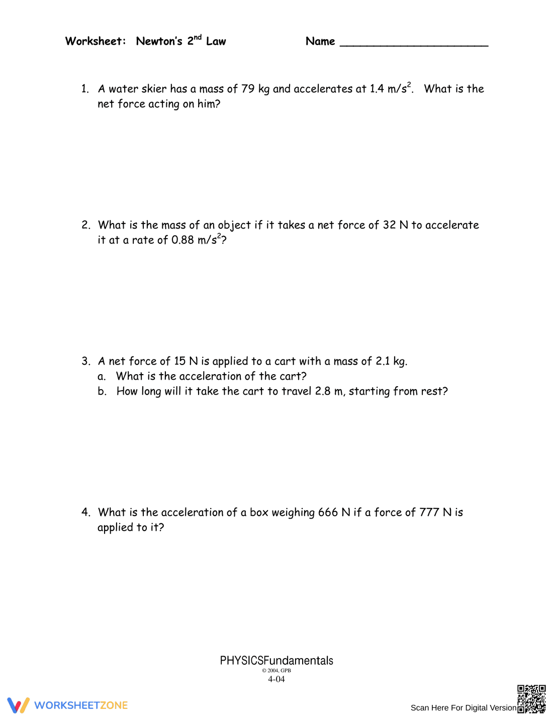 Newton's Second Law Worksheet - Page 1
