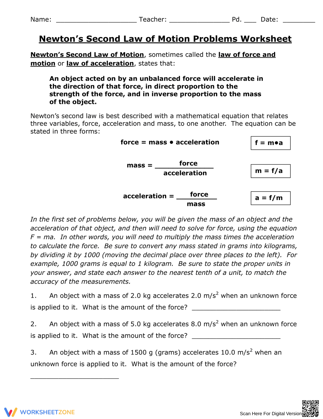 Newton's Second Law Problems | Essential Grade 8 Science - Page 1