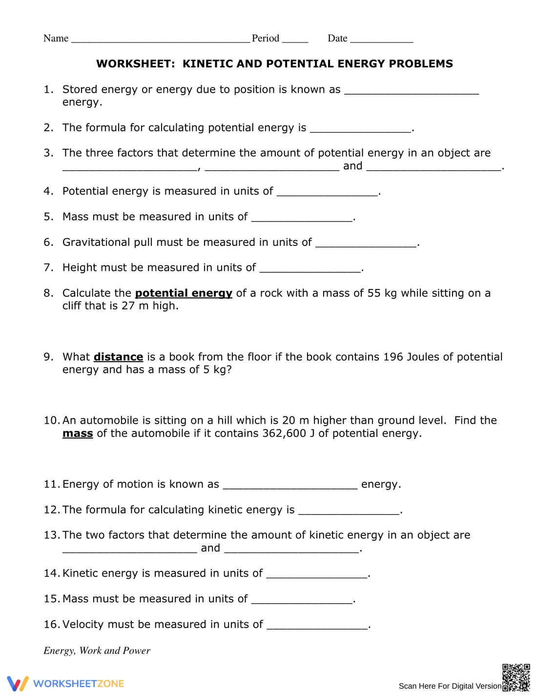 Kinetic and Potential Energy Problems Worksheet - Page 1