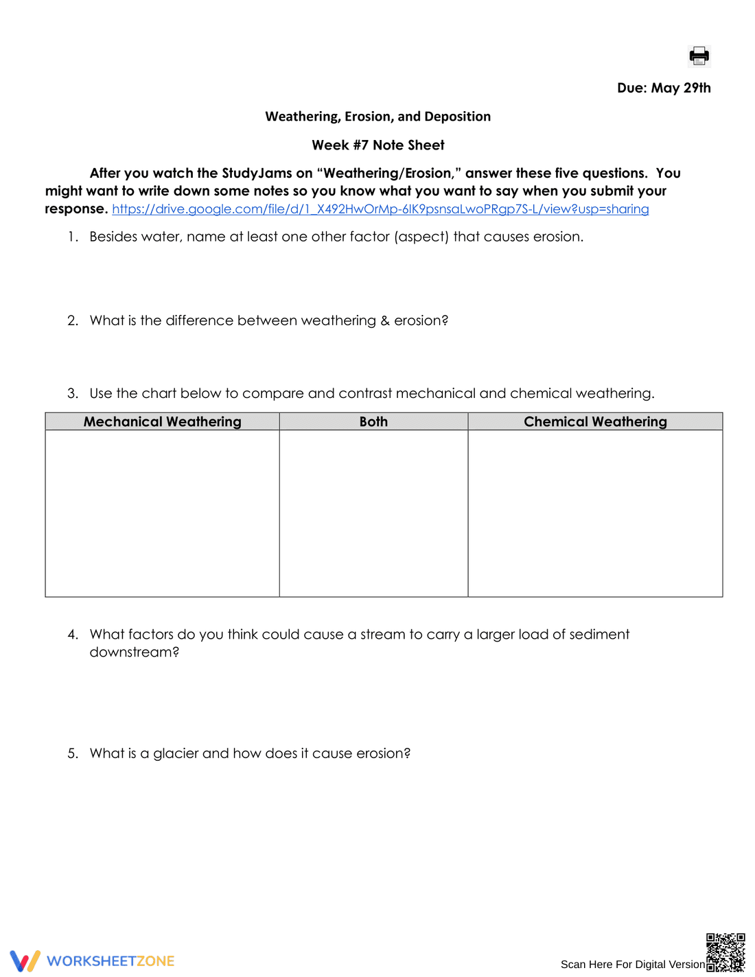 Weathering, Erosion, and Deposition Worksheet - Page 1