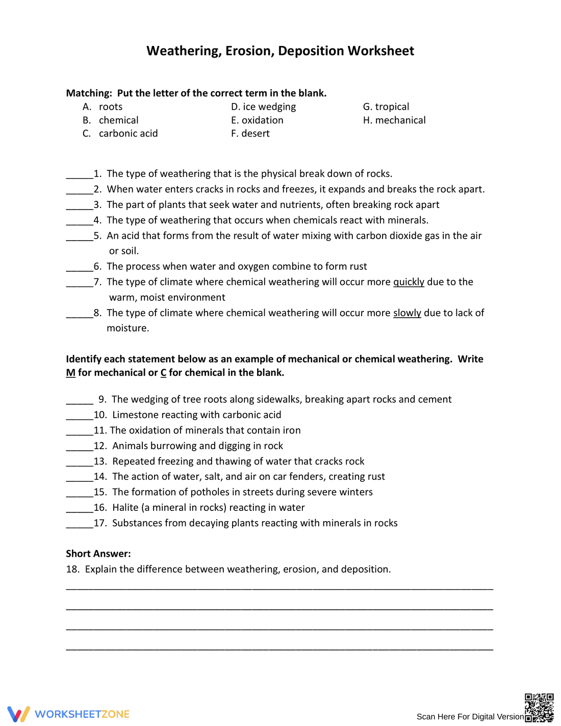 Weathering, Erosion, Deposition Worksheet - Page 1