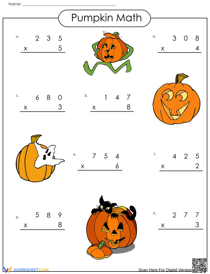 Printable Pumpkin Math: 3-Digit Multiplication Grade 4 - Page 1