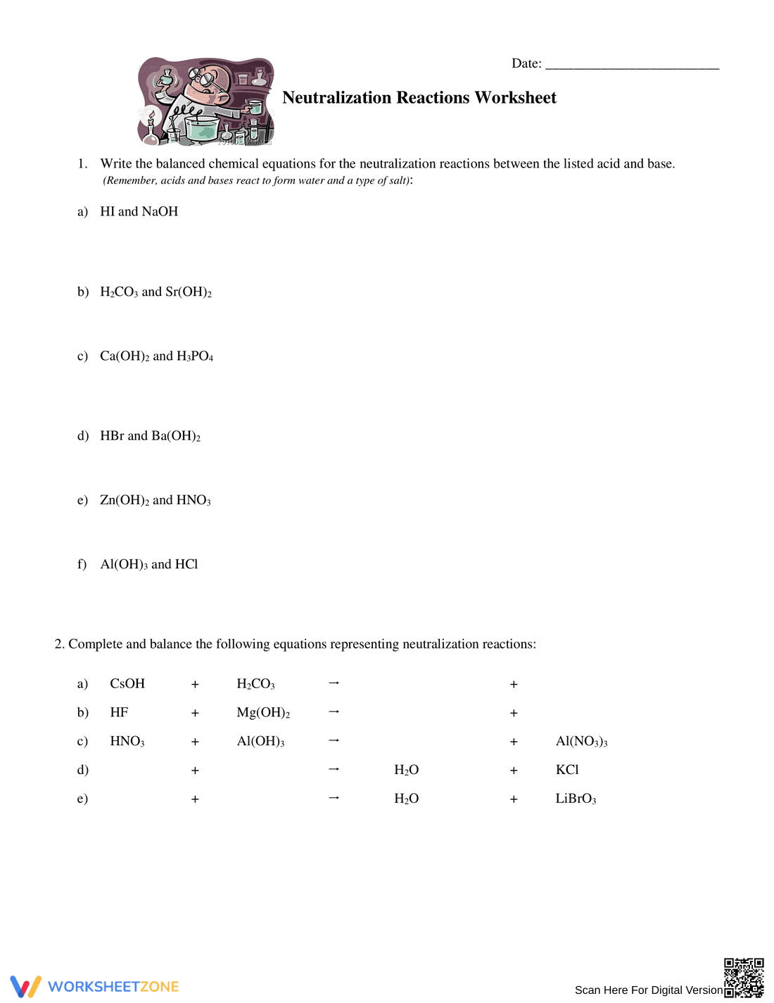 Neutralization Reactions Worksheet with Balanced Equations - Page 1