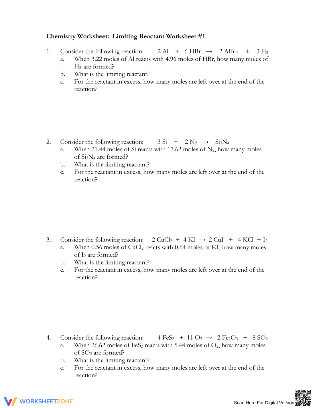 Limiting Reactant Worksheet - Page 1