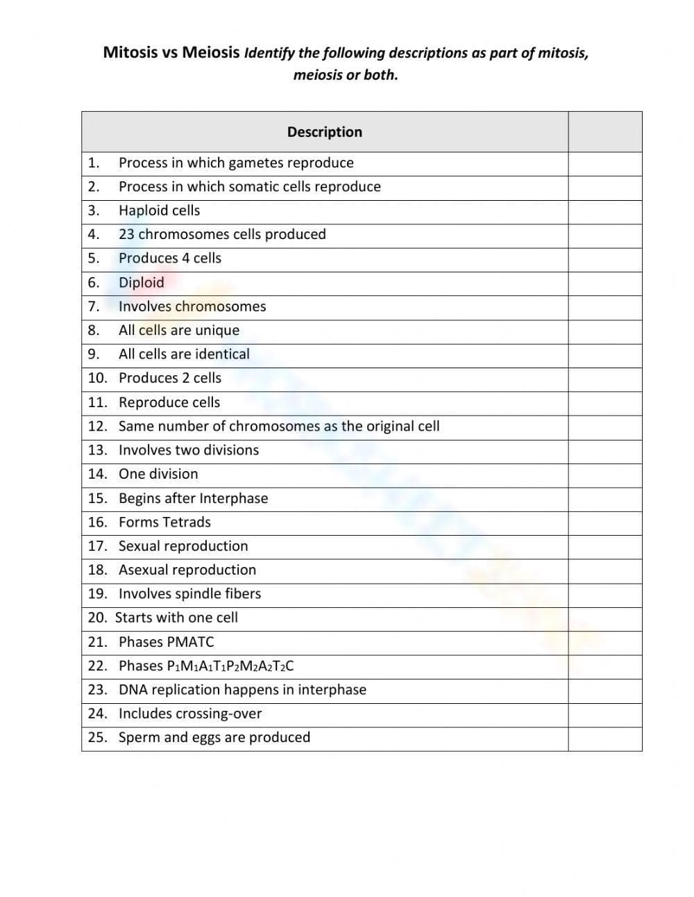 Mitosis or Meiosis Identification Worksheet - Page 1