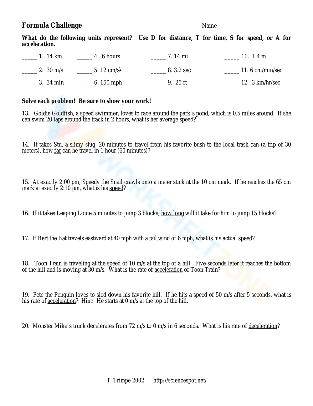 Acceleration Practice Worksheet - Page 1