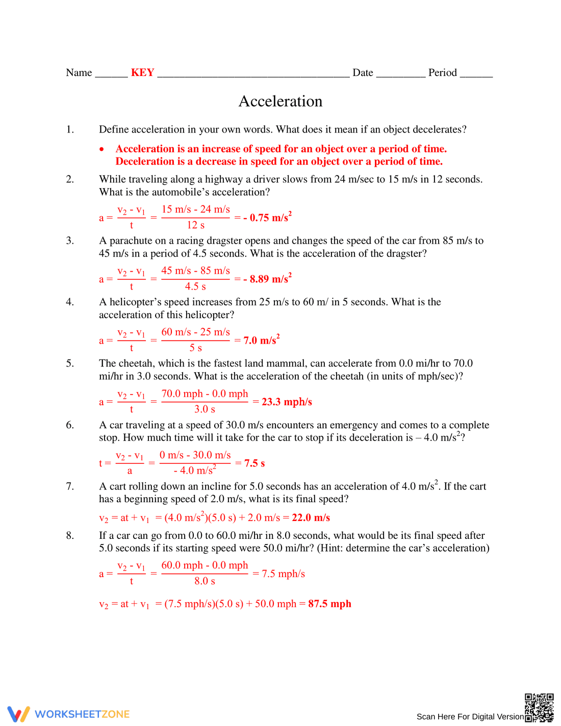 Calculate the Acceleration Worksheet - Page 1