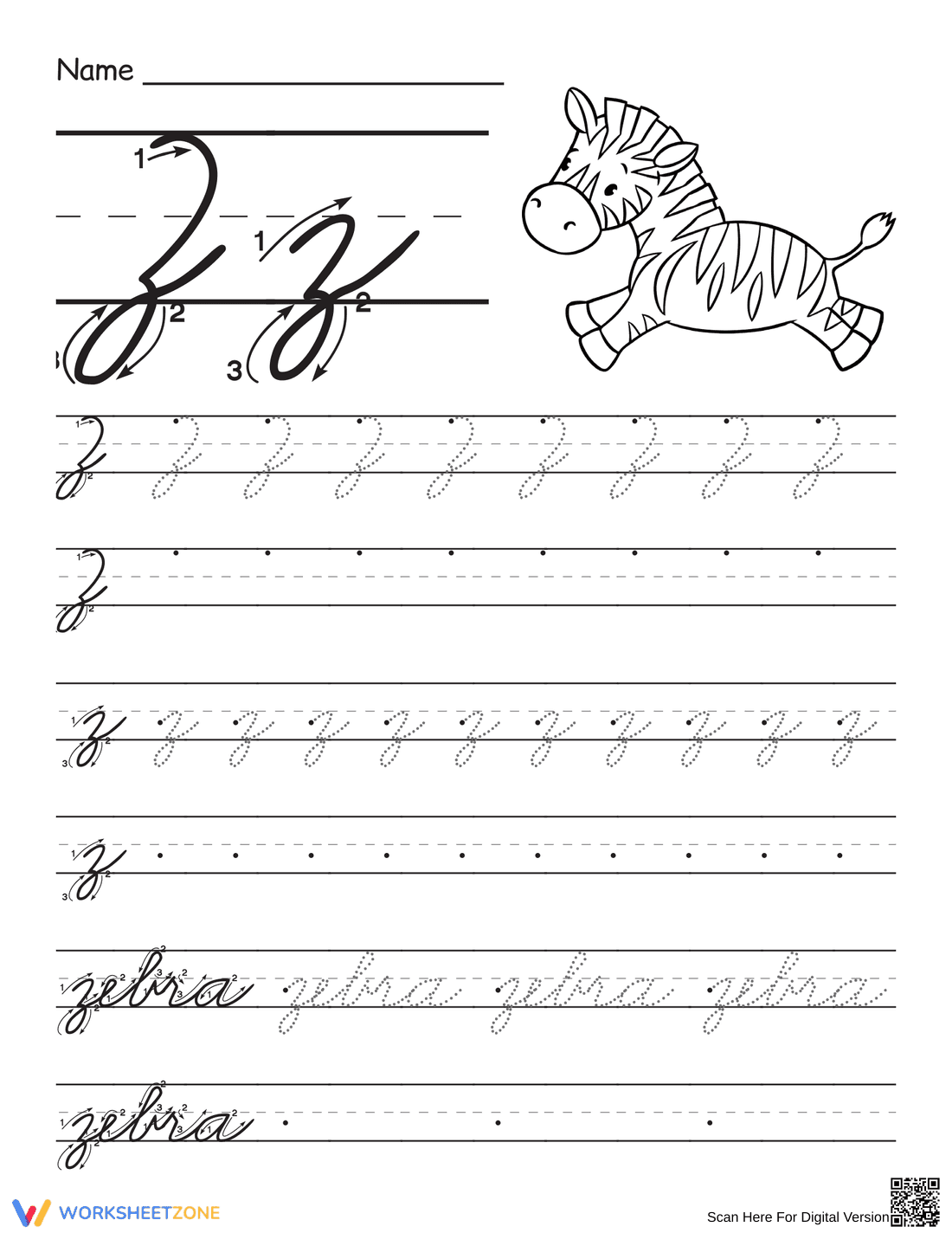 Cursive Z Practice Worksheet - Page 1