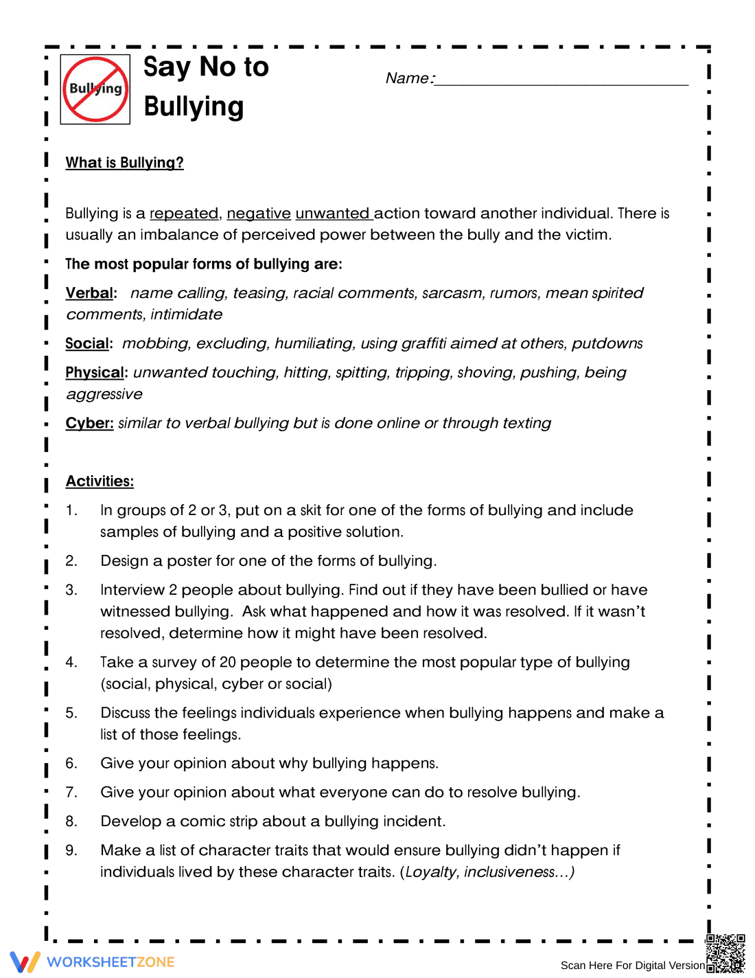 Say No to Bullying: A Worksheet on Bullying Prevention - Page 1