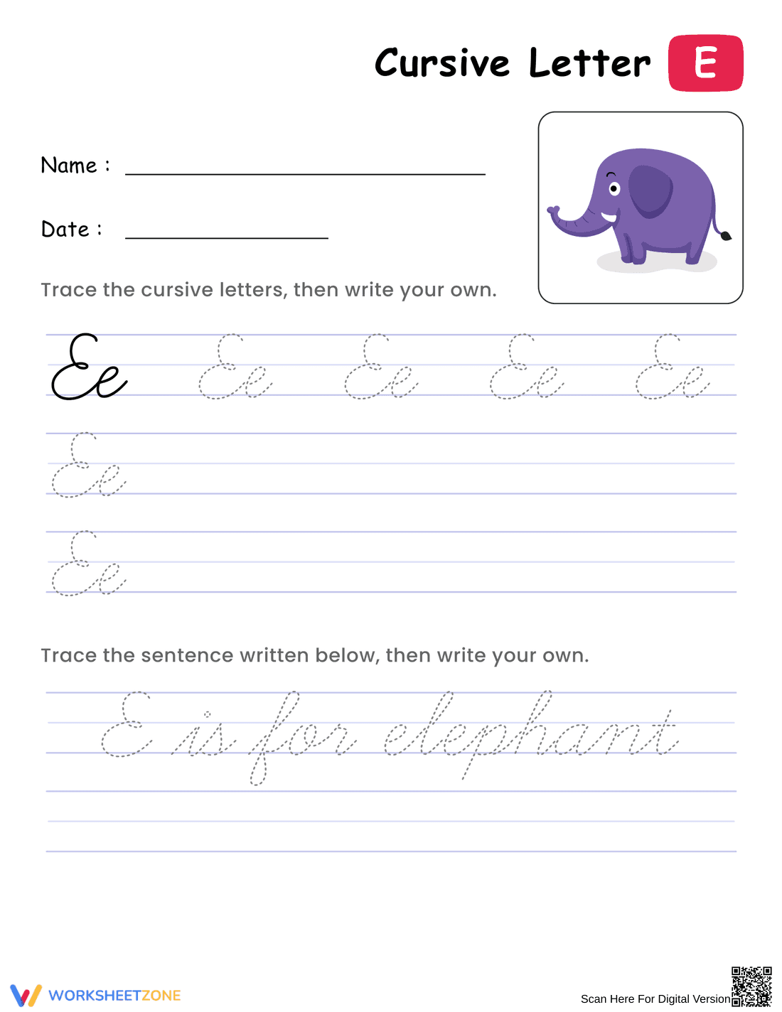 Cursive Letter E Practice: Handwriting Skills - Page 1
