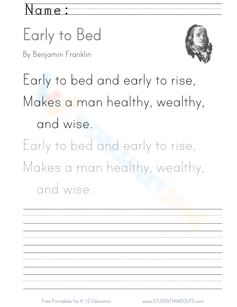 Early to Bed Handwriting Worksheet | Grade 3 Printable - Page 1