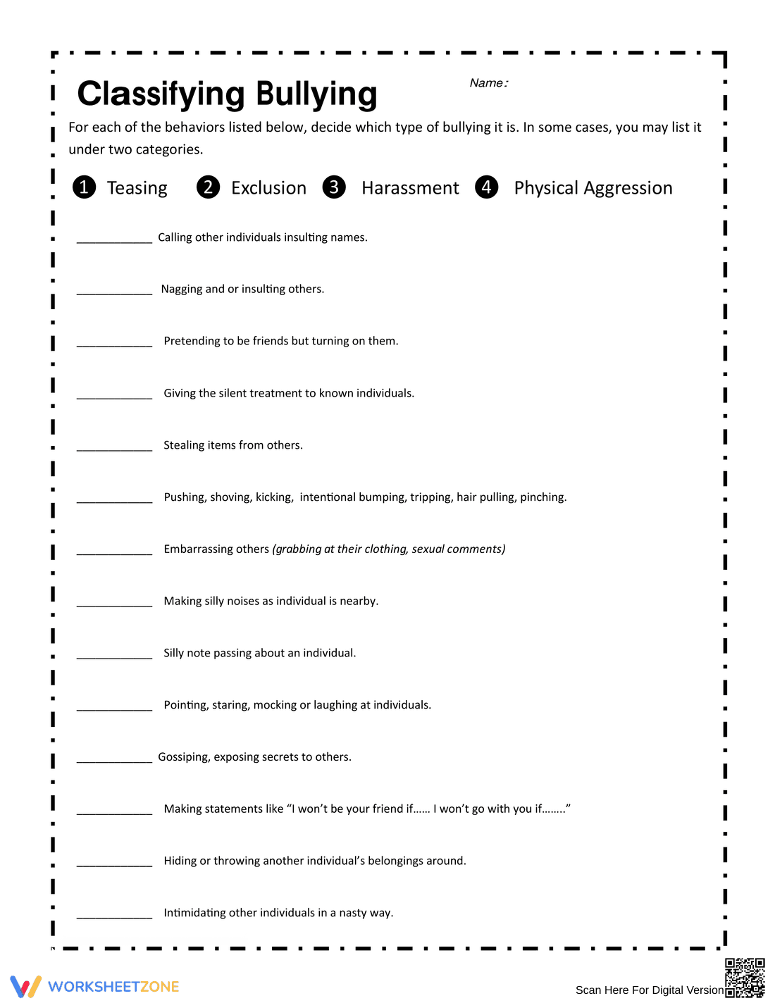 Classifying Bullying Worksheet: Understand Bullying Types - Page 1
