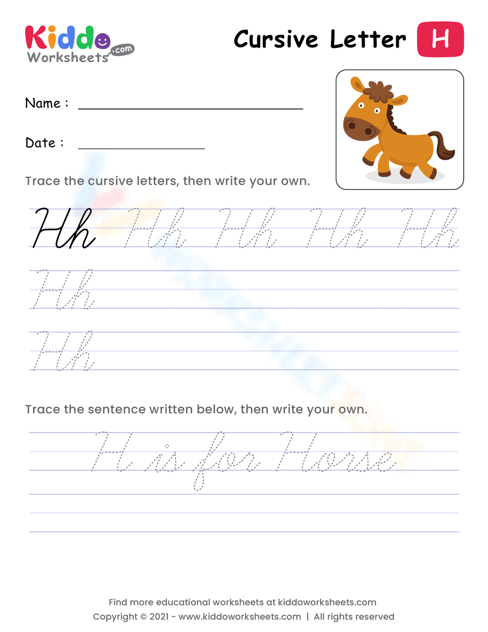Cursive Letter H Practice: Handwriting Skills - Page 1