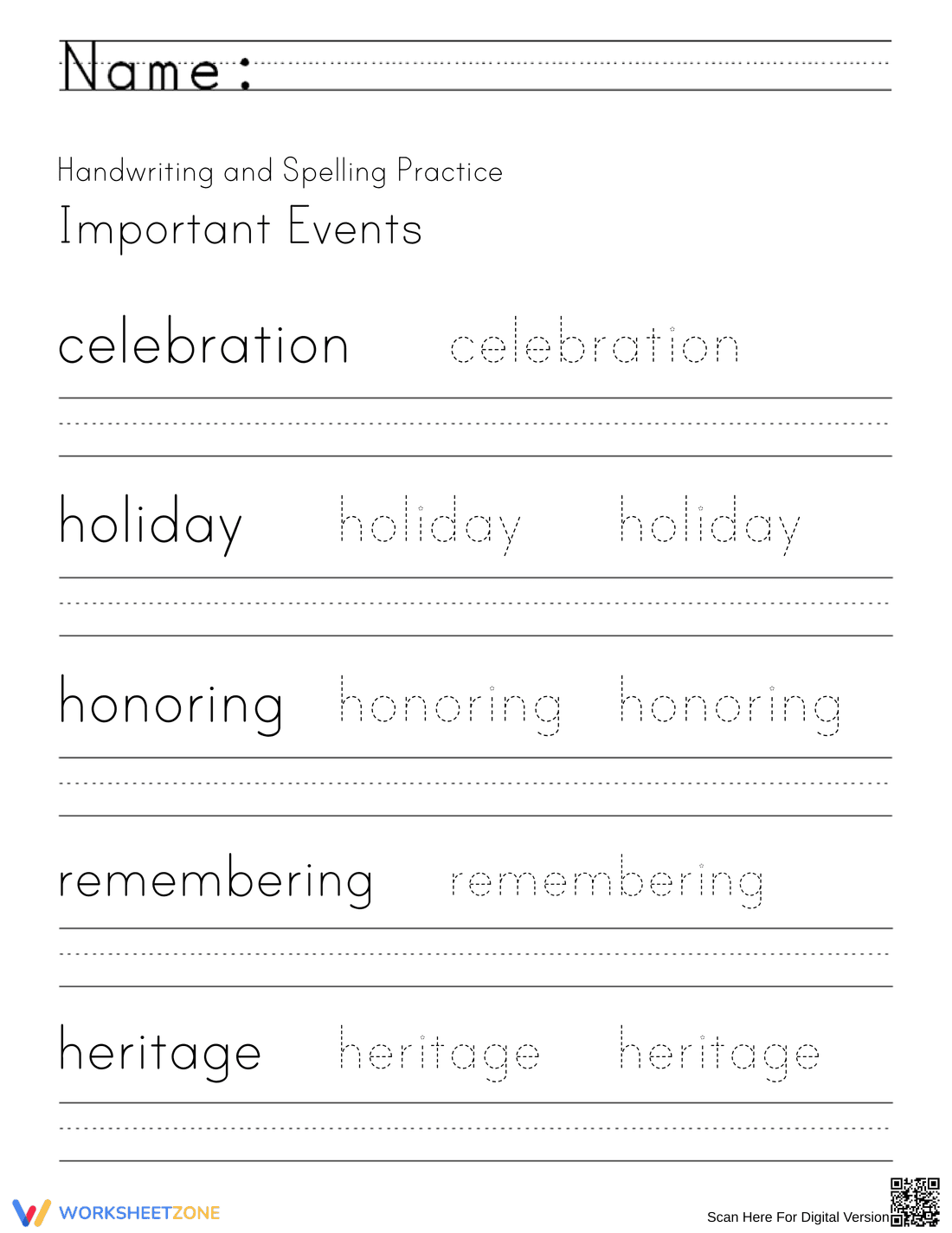 Important Events Handwriting & Spelling Practice - Page 1