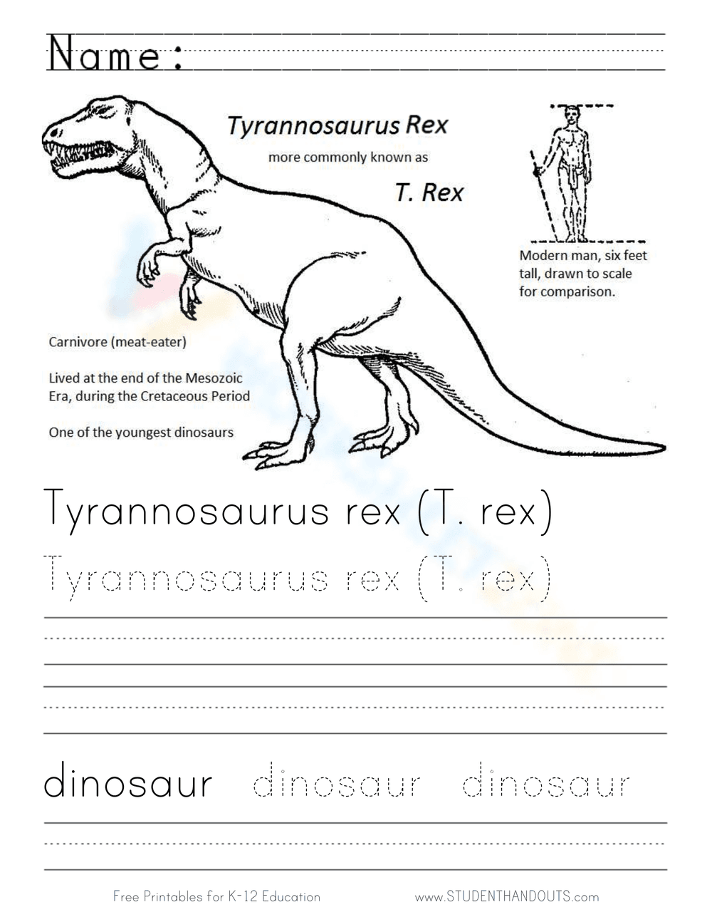 Printable T-Rex Handwriting Worksheet | Grade 2 - Page 1