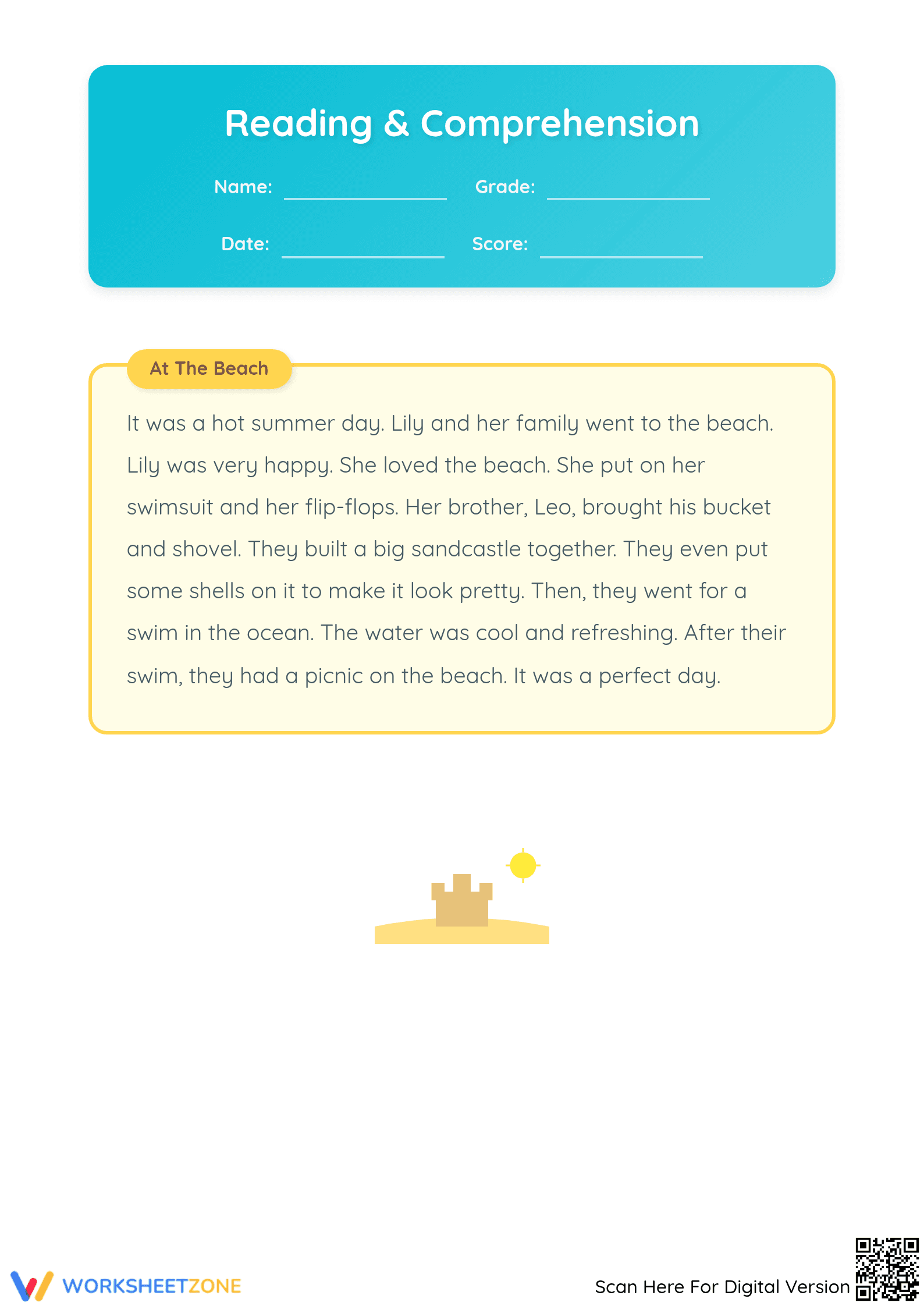 Printable At the Beach Reading Comprehension - Grade 2-5 - Page 1
