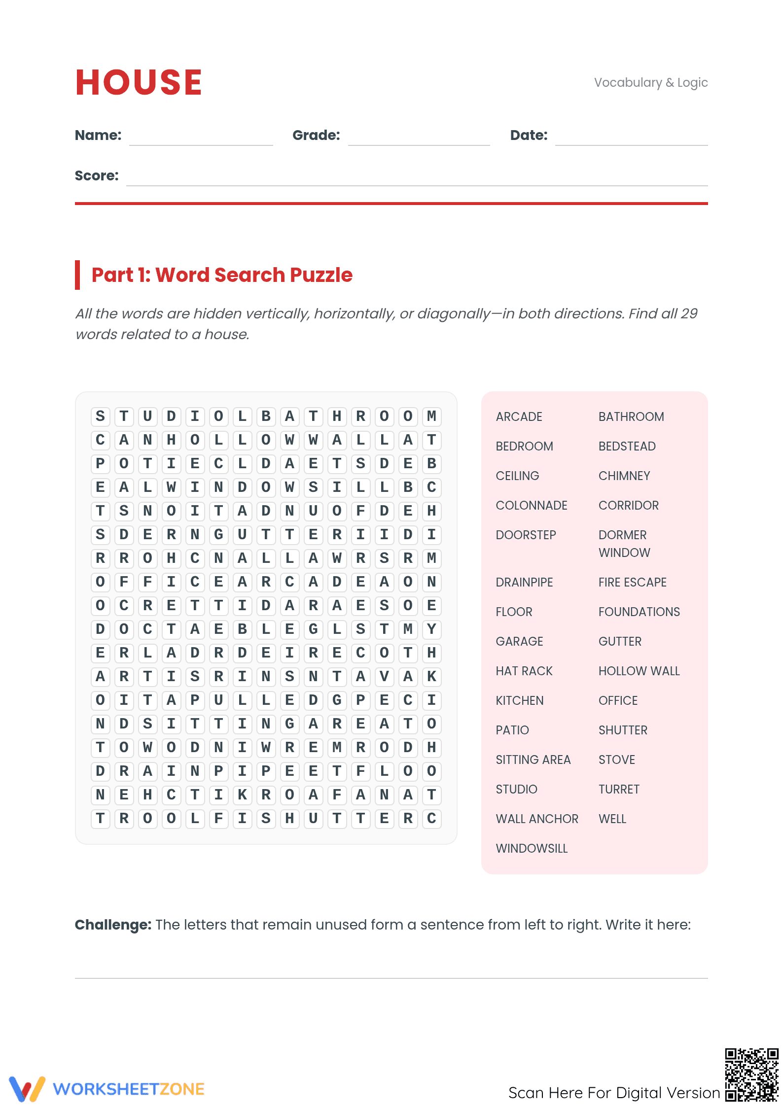 Printable House Vocabulary Worksheet | Grade 5 ELA - Page 1