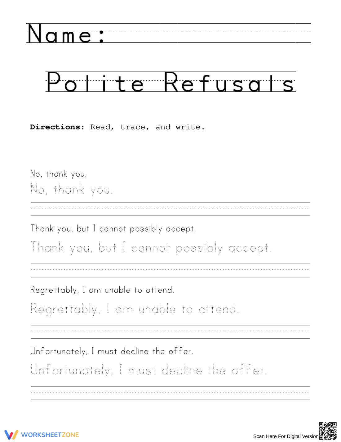 Polite Refusals Handwriting | Grade 3-4 Essential - Page 1