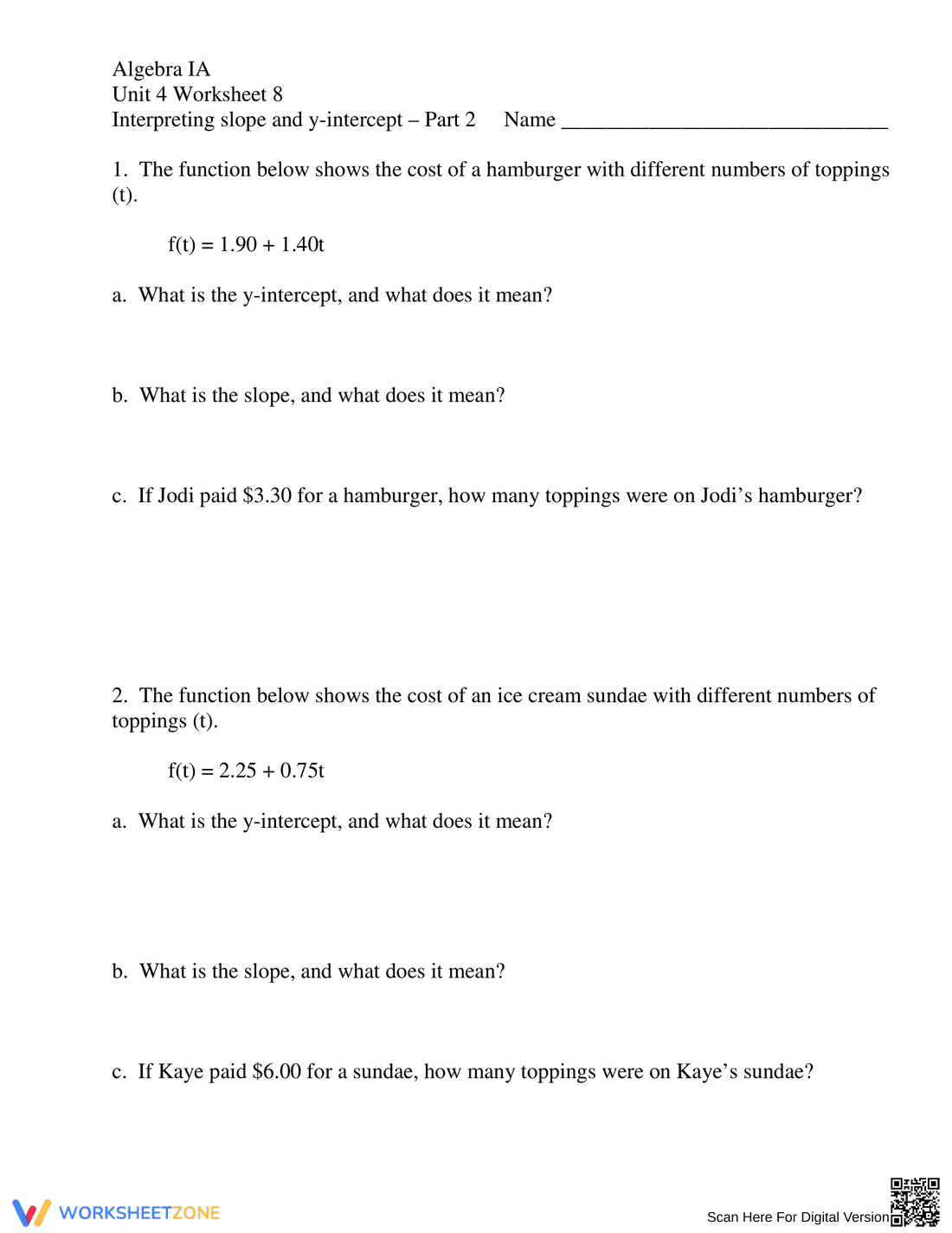 Interpreting Slope and Y-Intercept: Math Concepts - Page 1