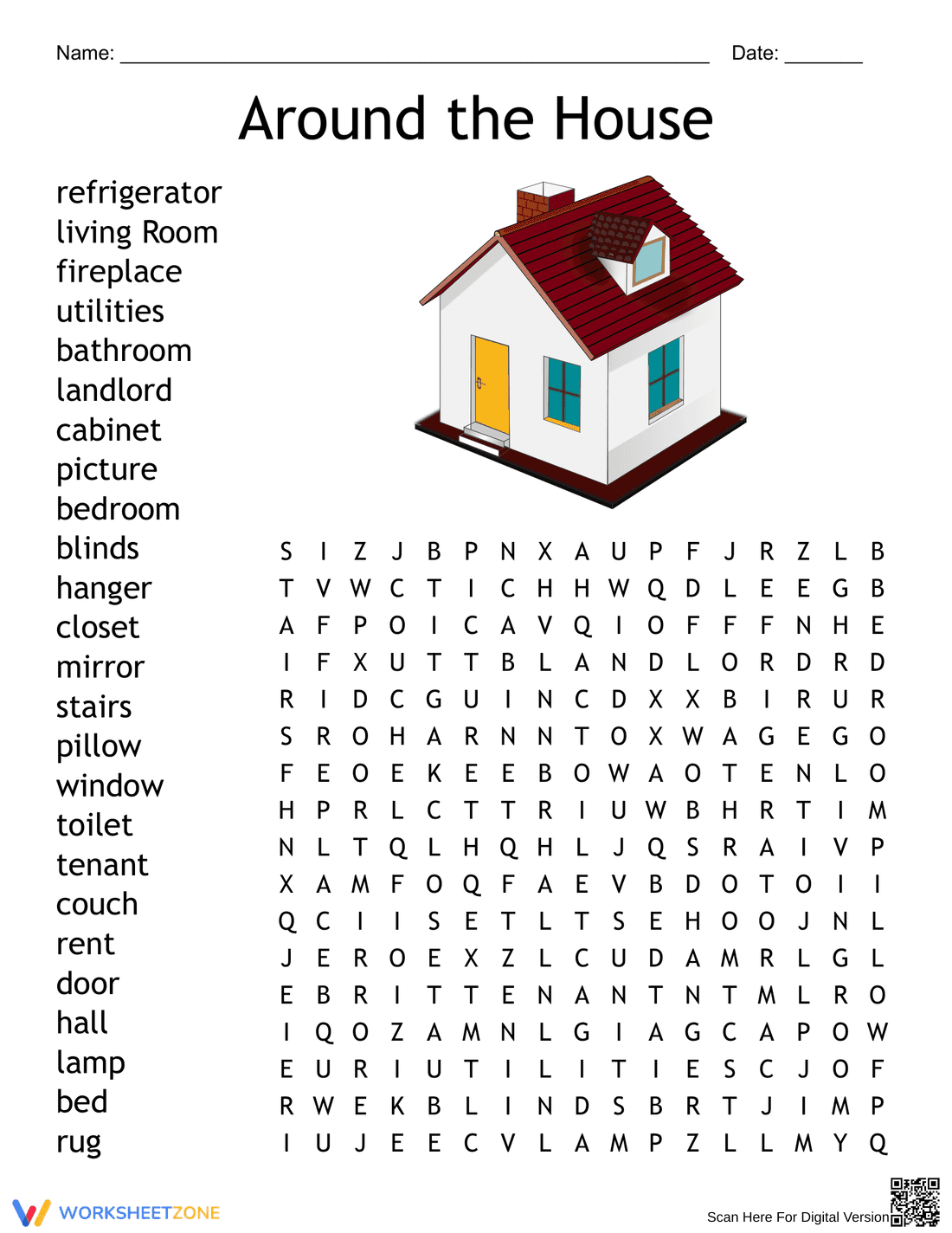 Around the House Sheet: Vocabulary Building - Page 1