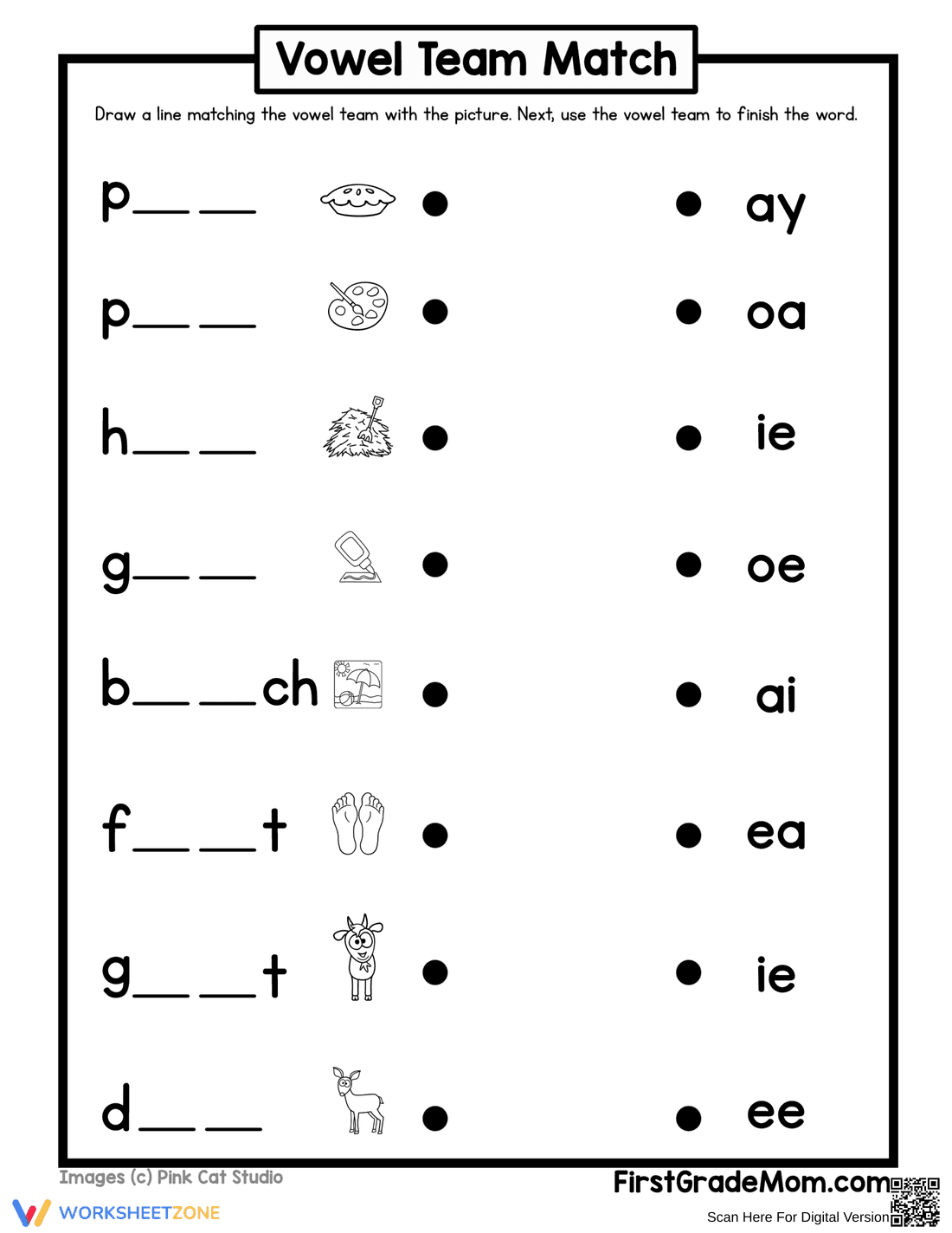 Vowel Team Match 1: Phonics Worksheet - Page 1