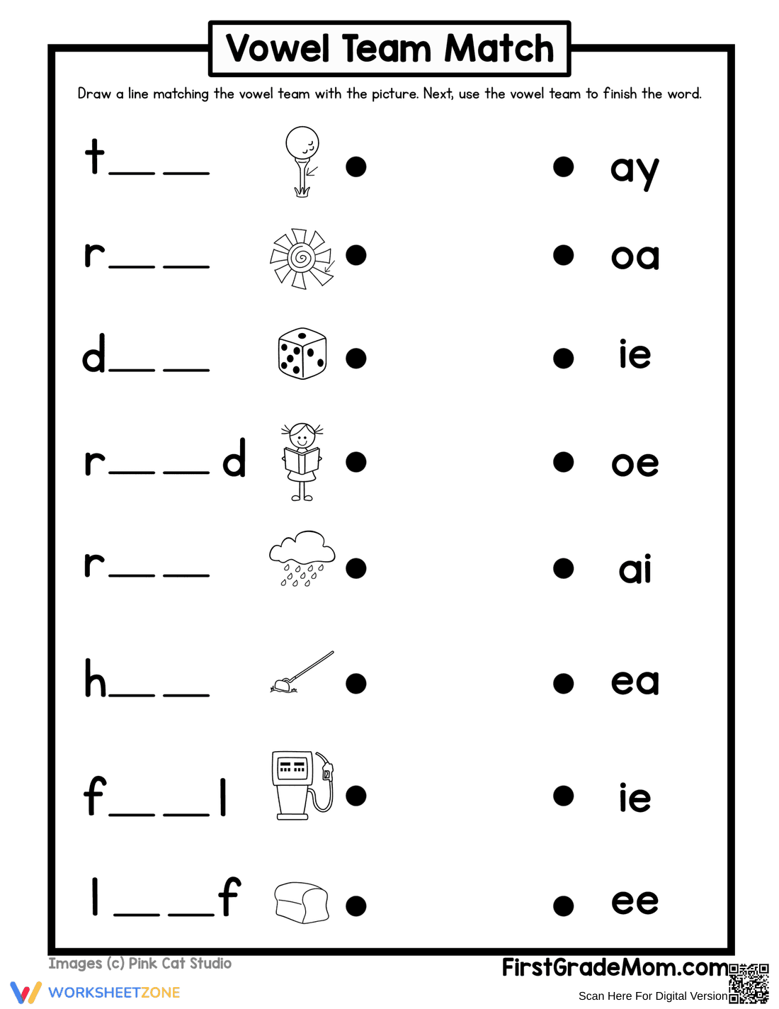 Vowel Team Match 2: Phonics Practice Worksheet - Page 1