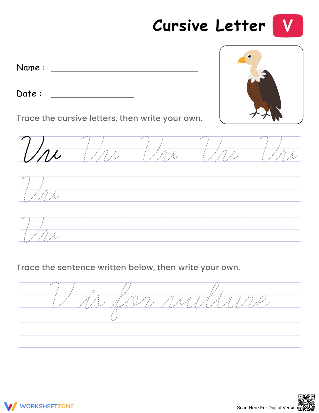 Cursive Letter V Practice: Enhance Handwriting - Page 1