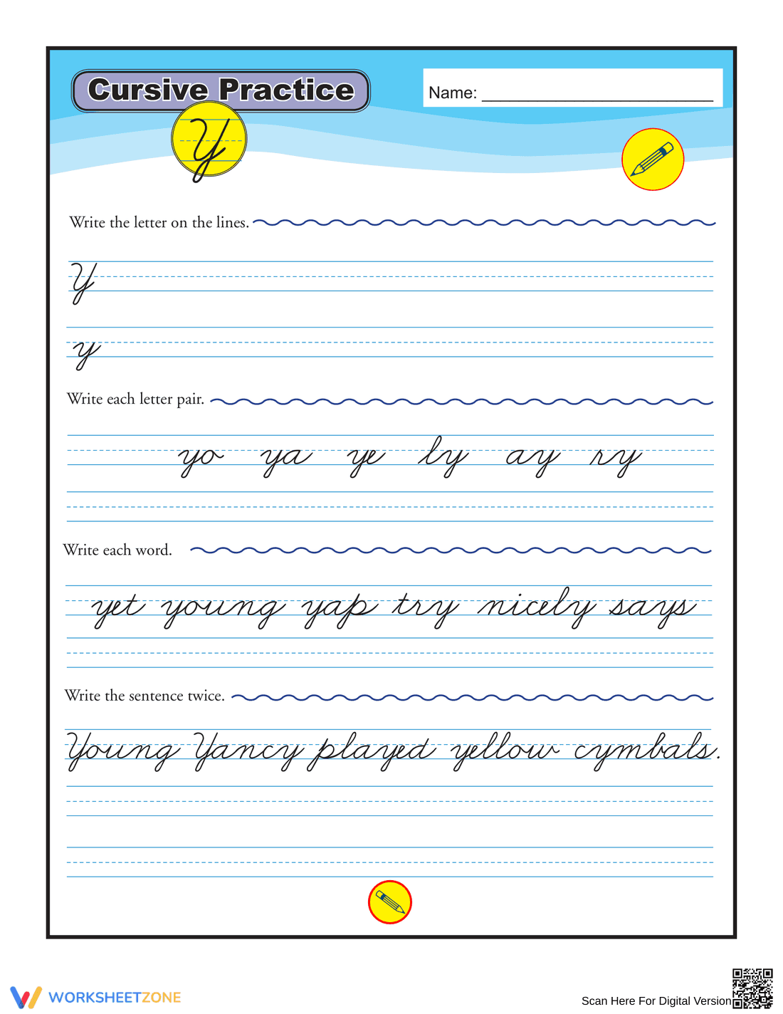 Cursive Practice: Letter Y Worksheet - Page 1