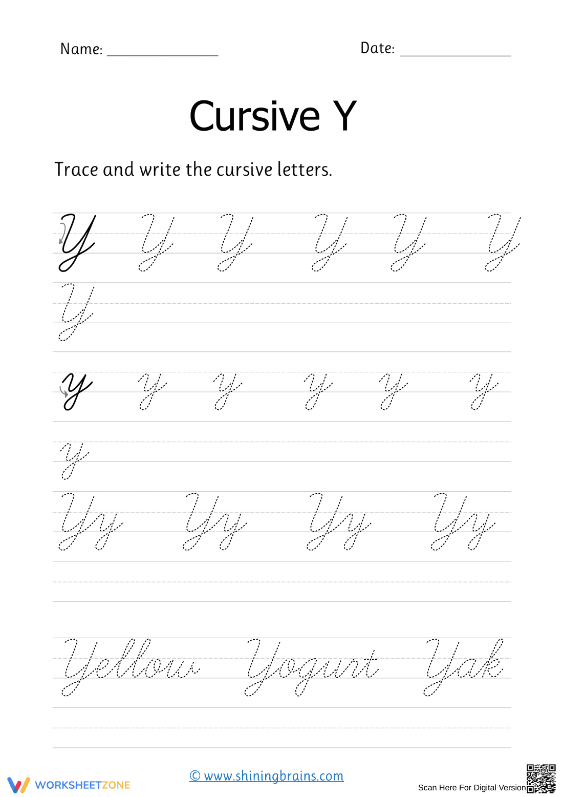 Grade 2 Cursive Y — Printable No-Prep Worksheet - Page 1