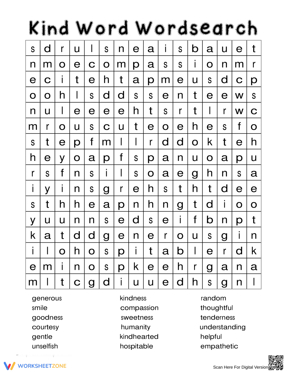 Kindness Word Search Puzzle Worksheet - Page 1