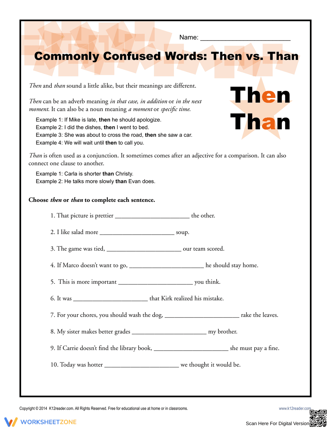 Then vs Than Usage Worksheet - Page 1
