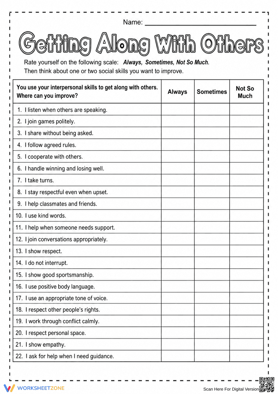 Grade 6-8 Social Skills — Printable No-Prep Worksheet - Page 1