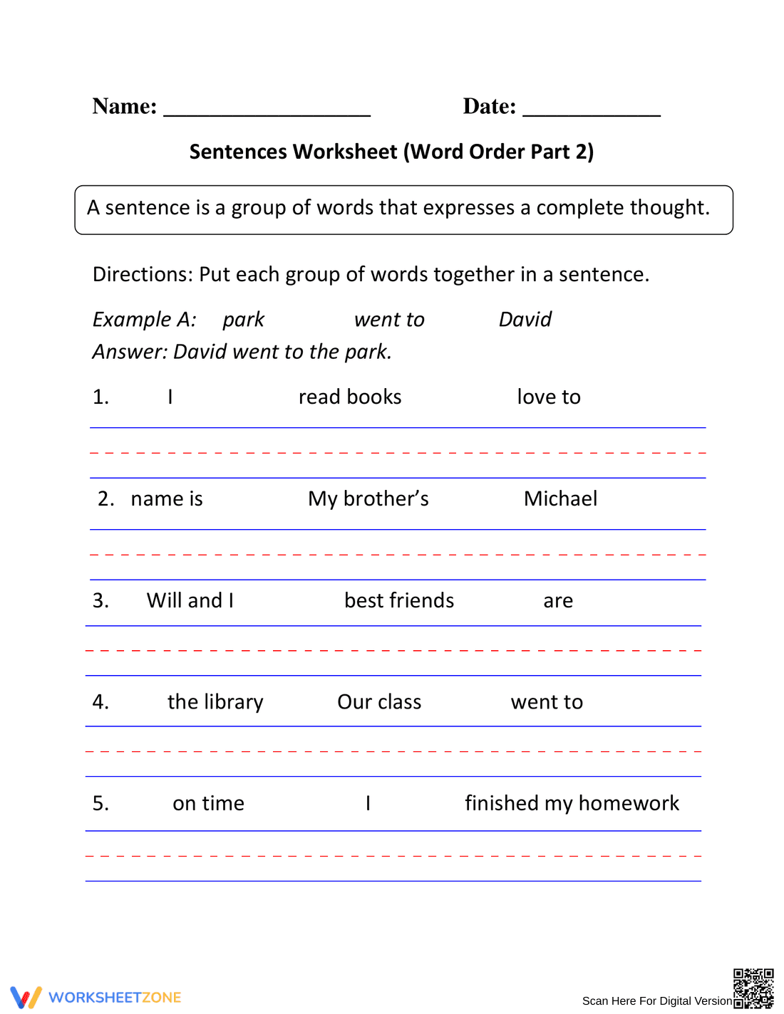 Sentences Worksheet for Grammar Practice - Page 1