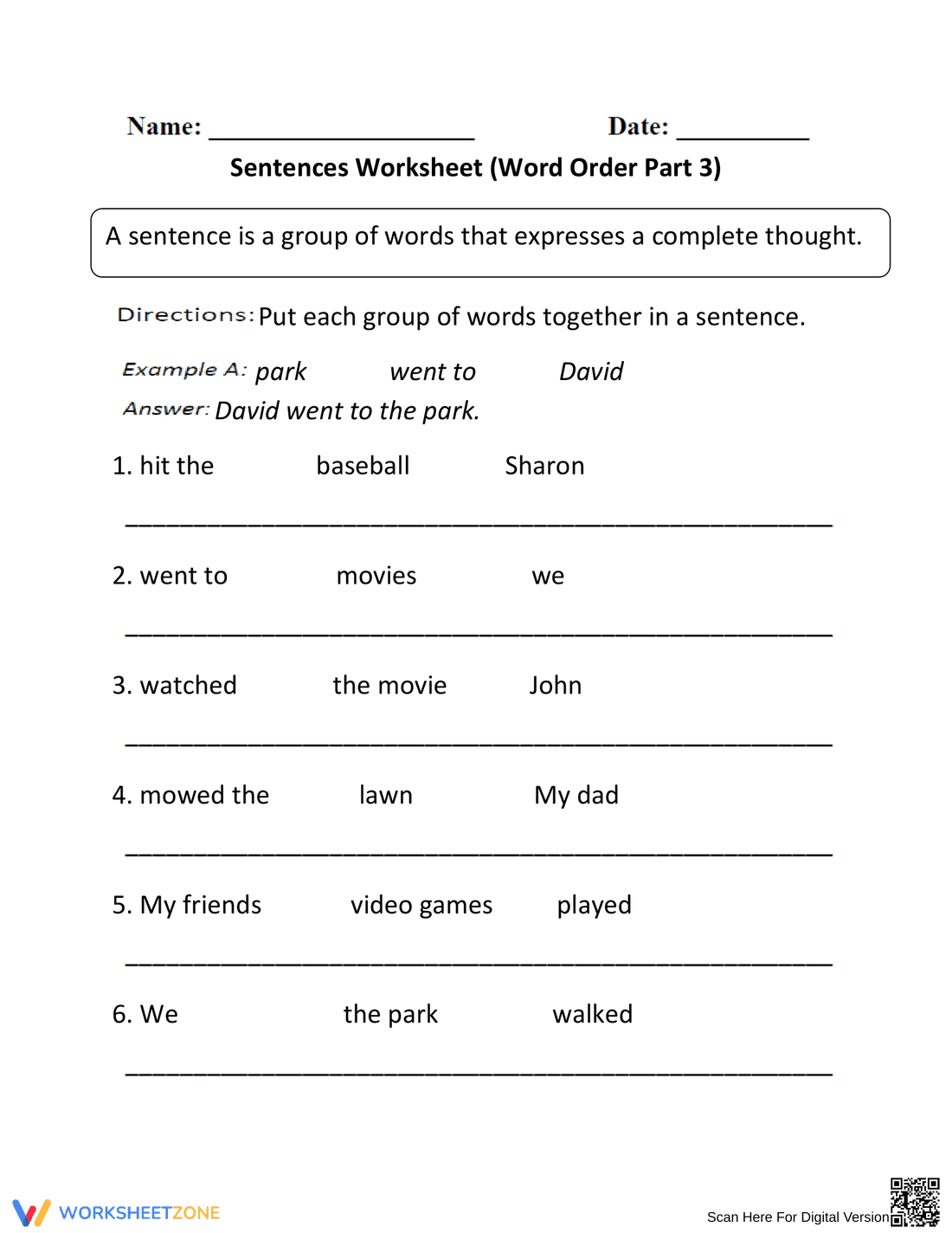 Word Order Grammar Practice Worksheet - Page 1
