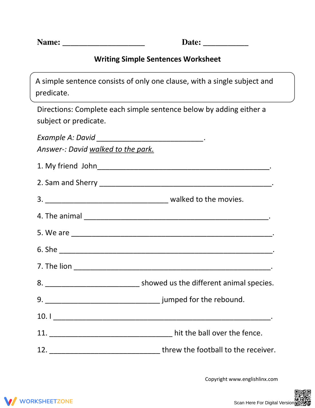 Writing Simple Sentences Practice Worksheet - Page 1