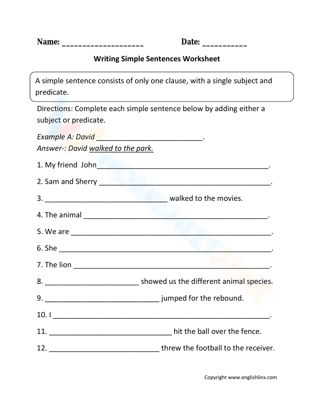 Writing Simple Sentences Practice Worksheet - Page 1