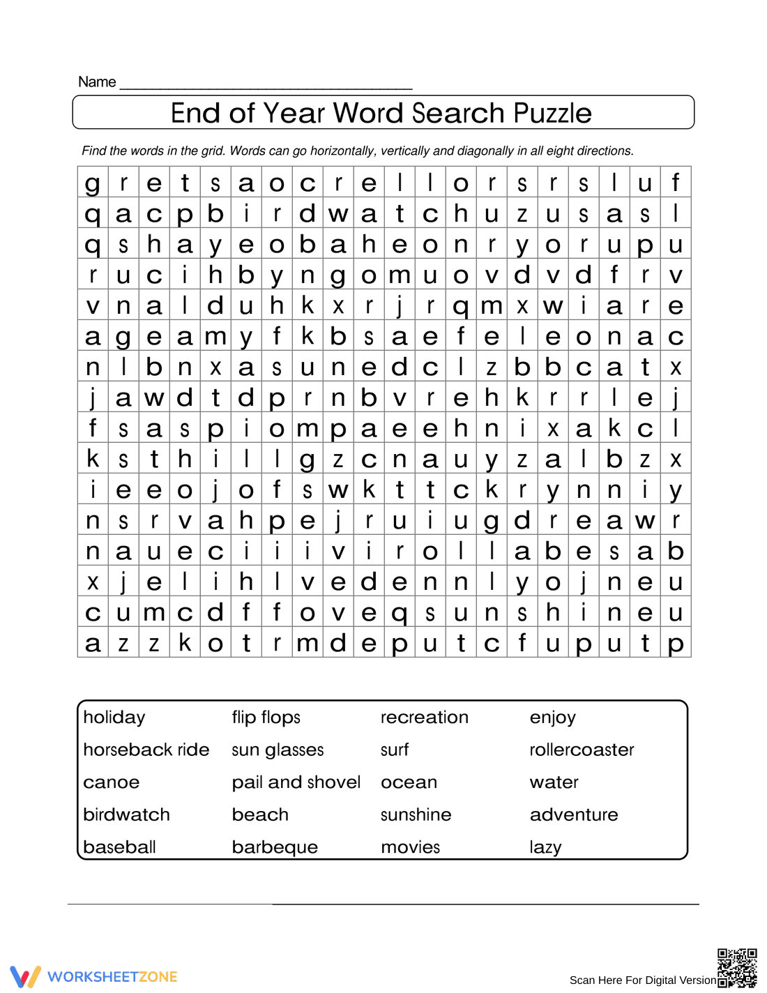 End of Year Word Search Puzzle Worksheet - Page 1