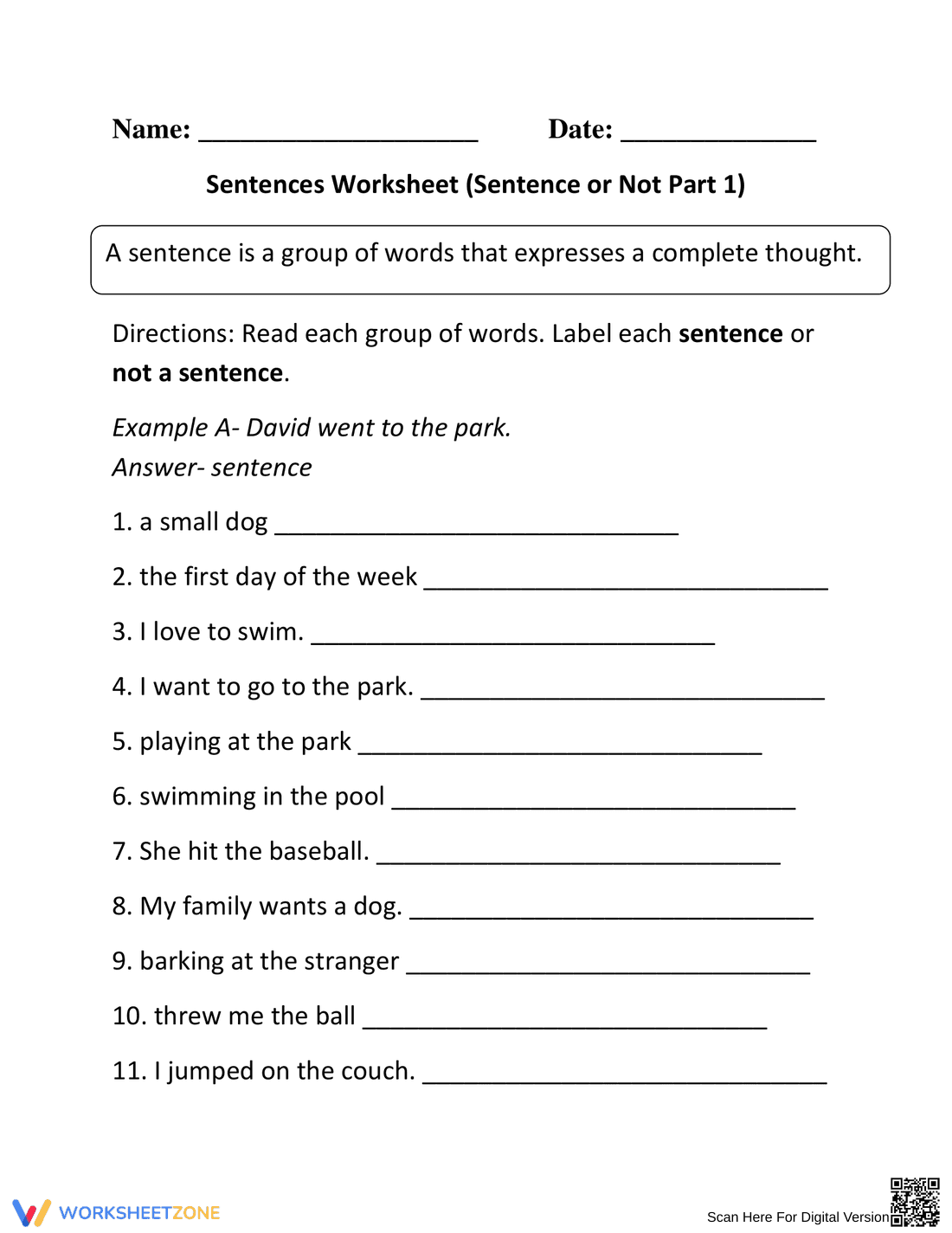 Sentence or Not Worksheet: Identify Sentences - Page 1