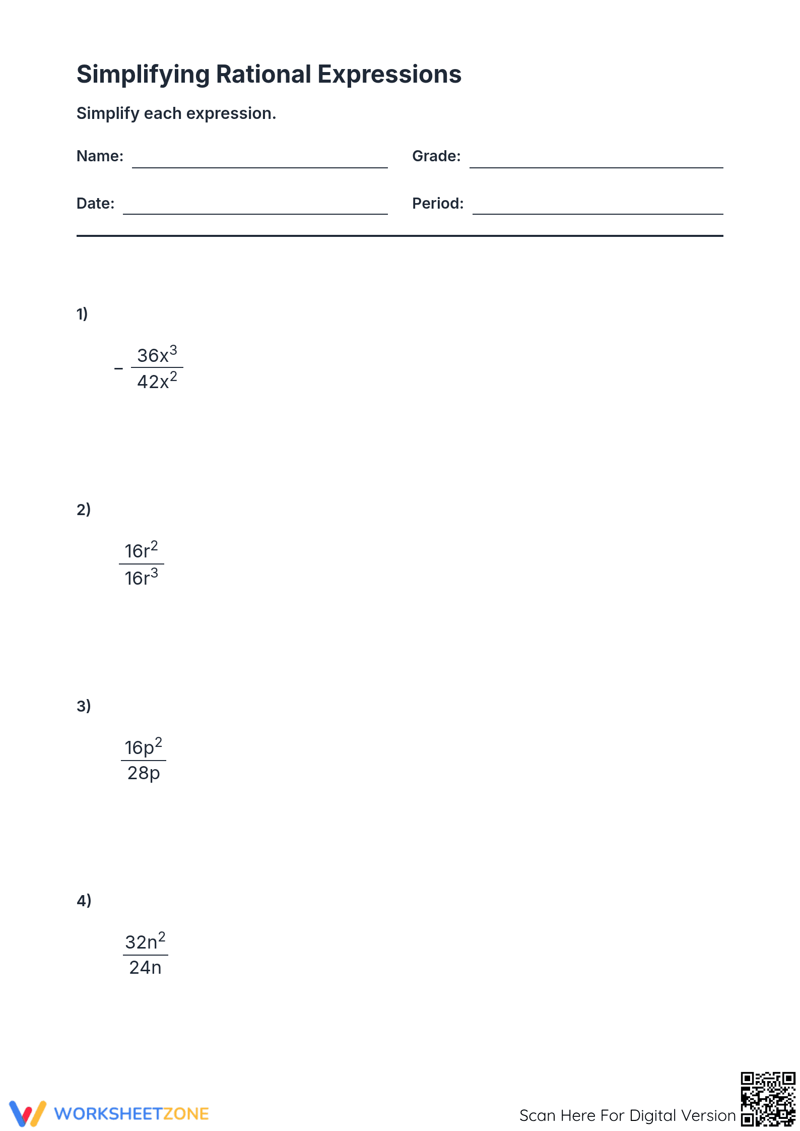 Printable Simplifying Rational Expressions Worksheet: Grades 9-10 - Page 1