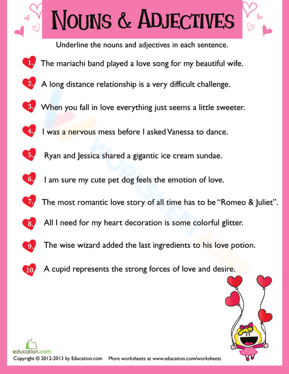 Valentine's Nouns and Adjectives Worksheet - Page 1