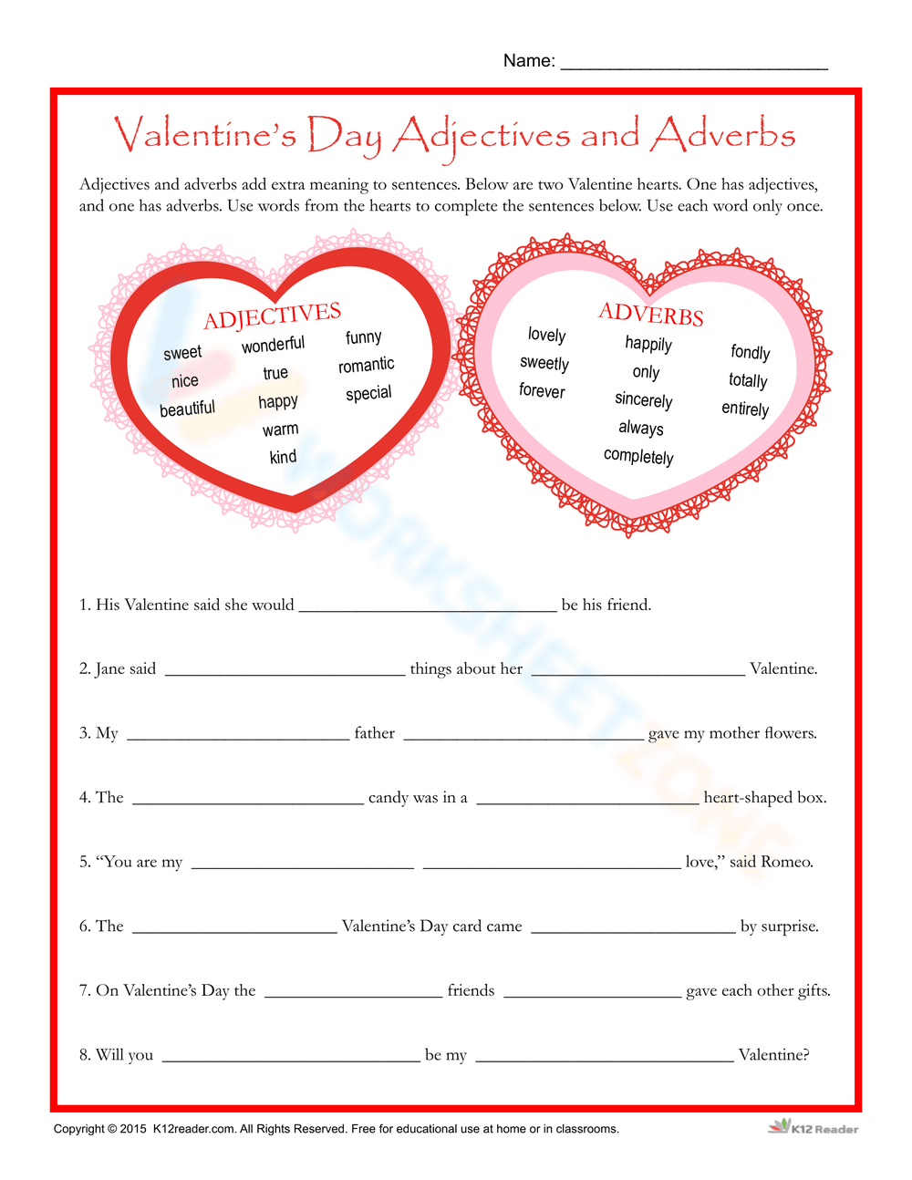 Valentine's Day Adjectives and Adverbs Worksheet - Page 1