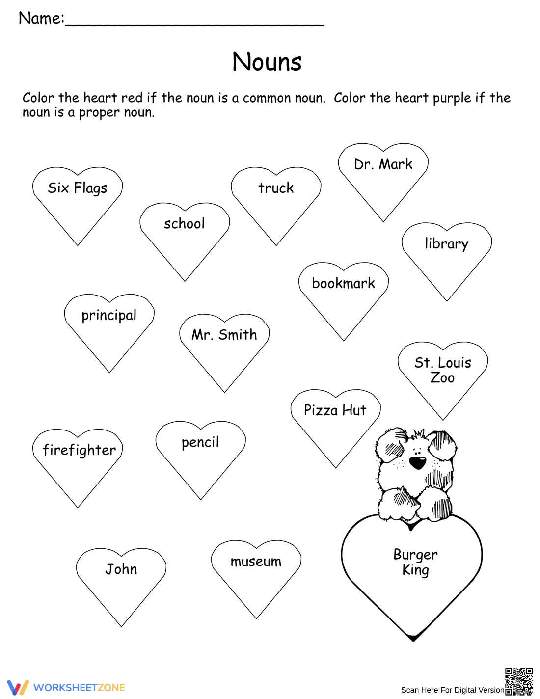 Valentine's Day Common and Proper Nouns Worksheet - Page 1