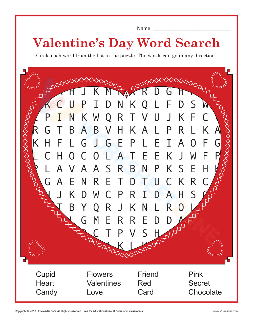 Valentine's Day Word Search - Heart Shaped Puzzle Fun! - Page 1